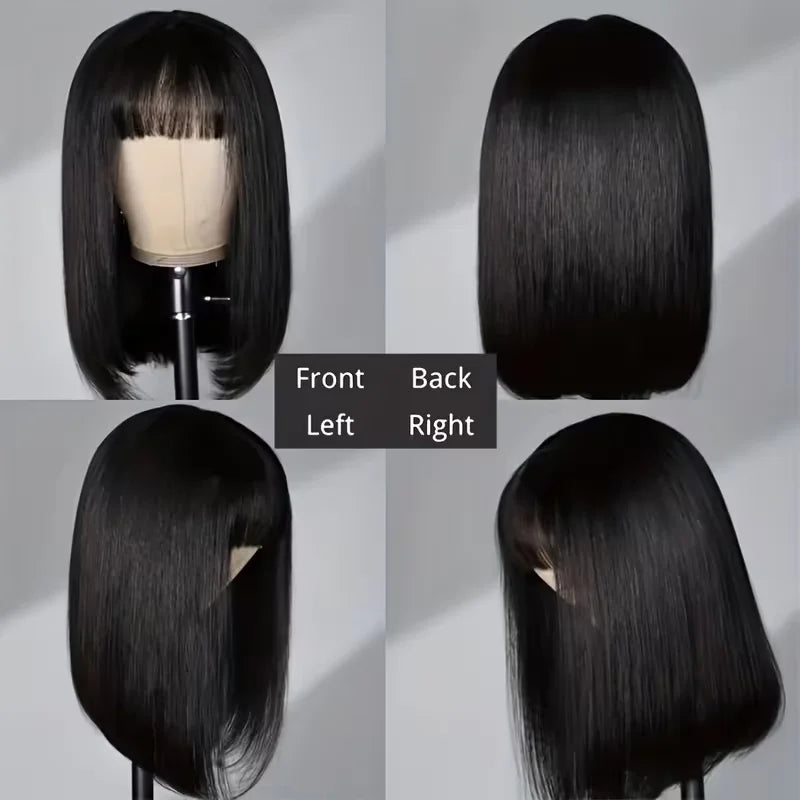 Straight Human Hair Bob Wigs With Bang Full Machine Made Wigs 3x1 Middle