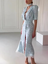 Deep V Neck Lace Trimmed Printed Dress Women Light Blue Tie Front Button Up Short Sleeve Robe Summer Lady Party Dresses 2026
