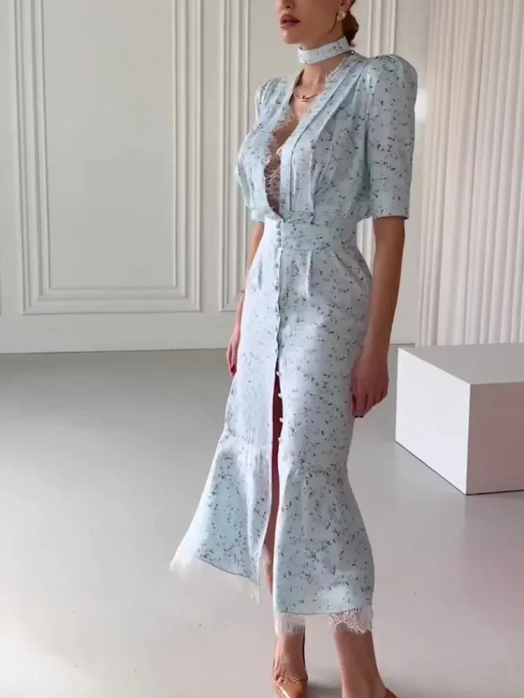 Deep V Neck Lace Trimmed Printed Dress Women Light Blue Tie Front Button Up Short Sleeve Robe Summer Lady Party Dresses 2026