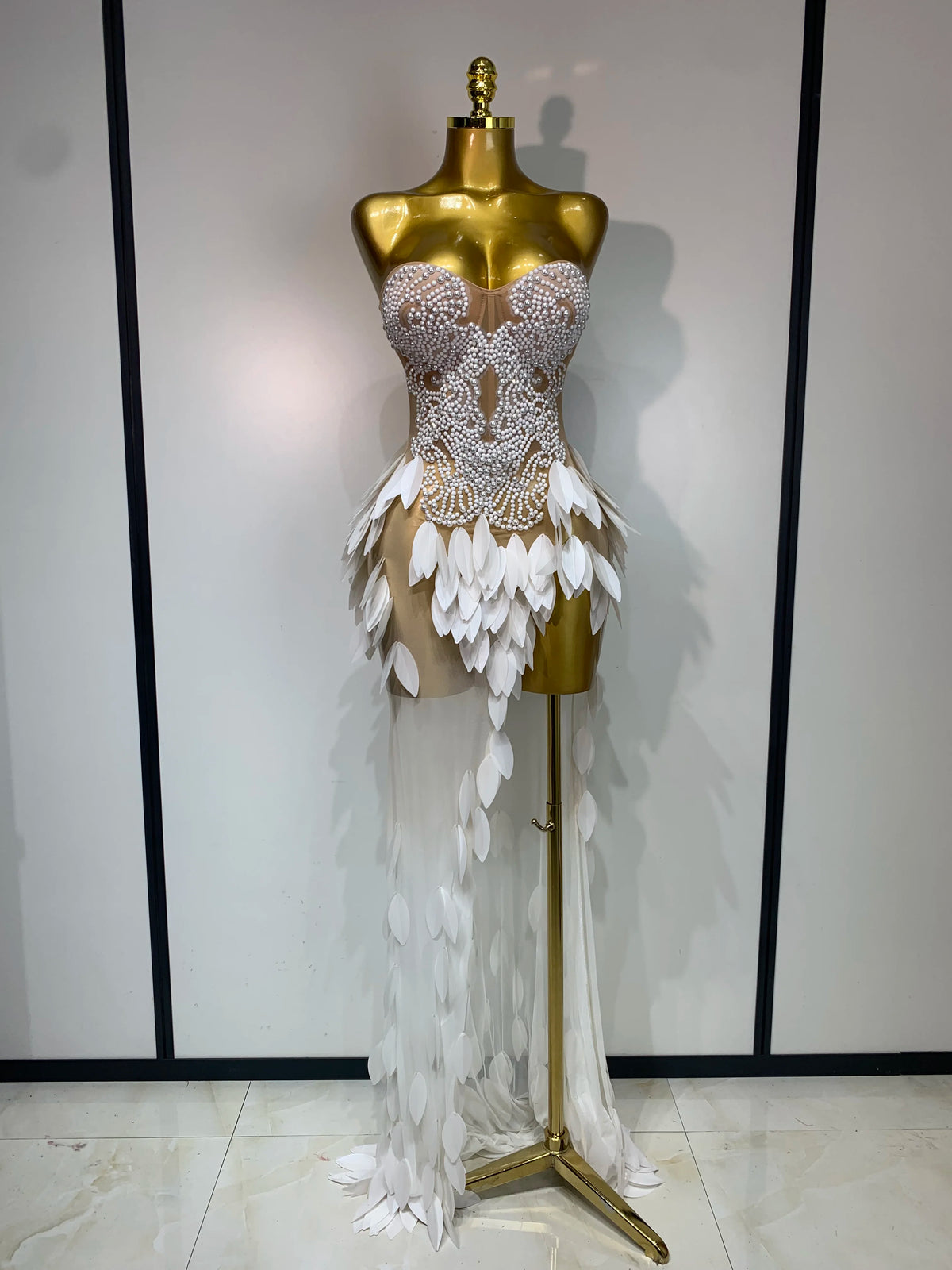 Elegant Pearl Dress Sexy Transparent Mesh Maxi Long Dresses Women Evening Party Wedding Gown Red Carpet Celebrity Stage Outfit