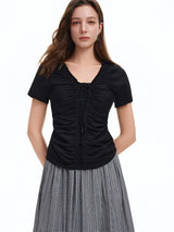 DUSHU Layered Wooden Collar T-Shirt with Pleated Straps and Waist-Defining Detail 2026 Summer New Arrival Style for Slimming Fit