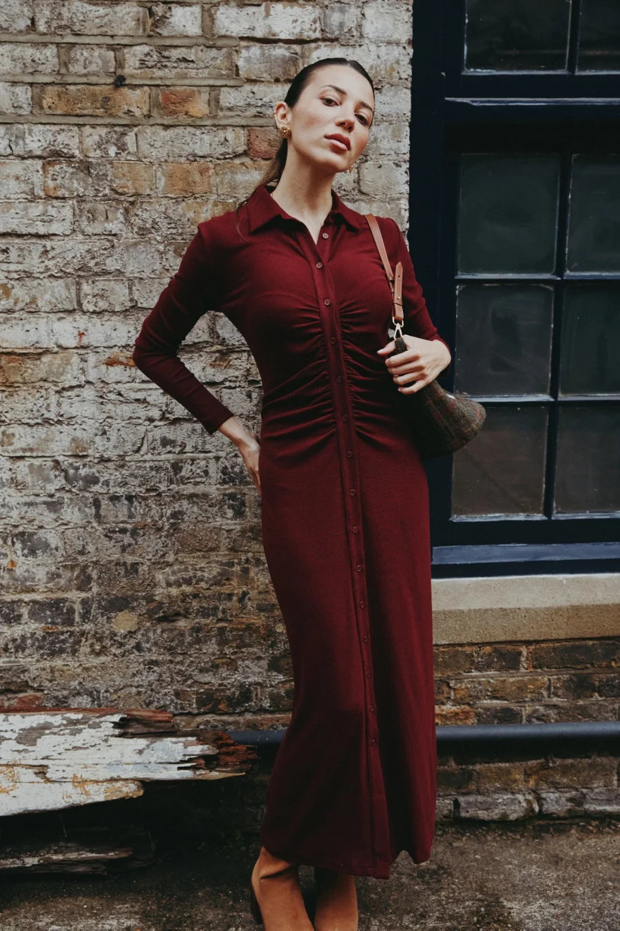 AS AW25 woman dress turn-down collar ribbing high elastic shirring maxi dress