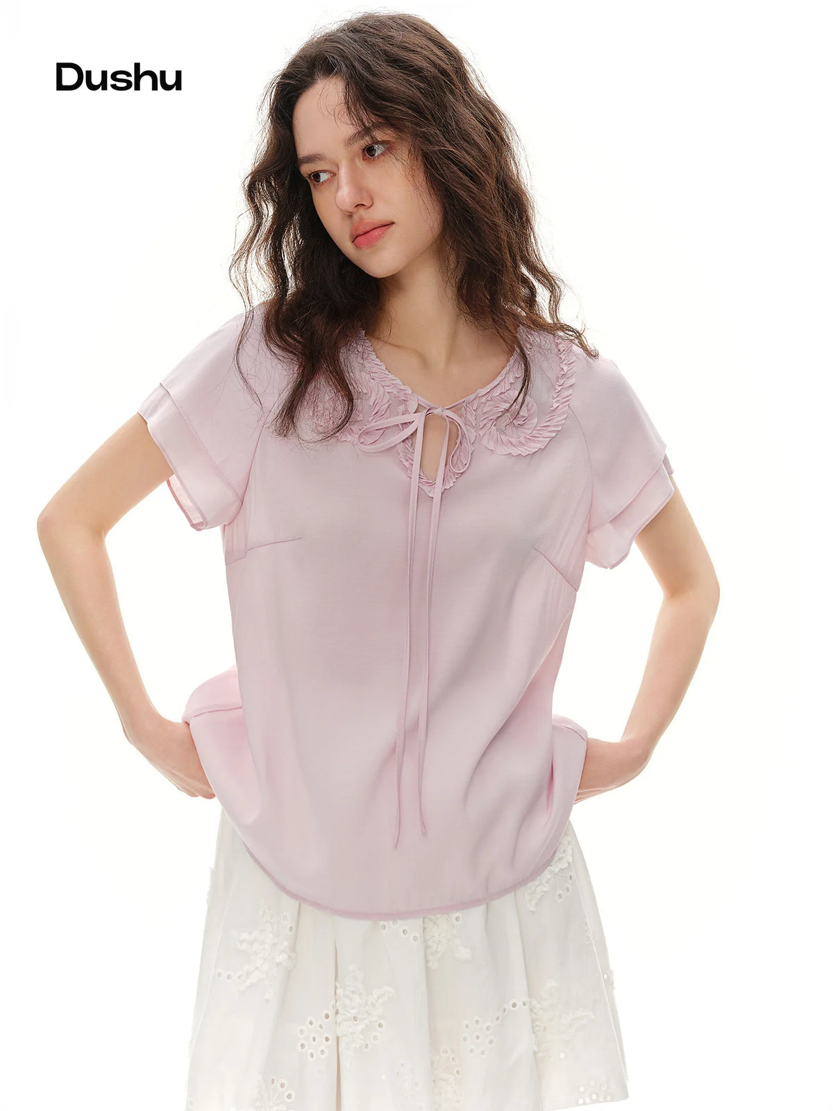 DUSHU 2026 New Arrival Summer Women's Pastel Ruffle Chiffon Blouse, Short Sleeve Flowy Feminine Top for Soft Romantic Style