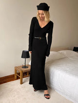 Blubelle Women's New Solid Color Long Sleeve V-neck Slim Bodycon Knitted Maxi Dress Trendy Elegant Fashion Dresses
