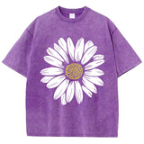 Simple Beautiful Sunflower Prints Washed T-Shirts Women Cottont Shirts O-Neck Oversized Acid Wash Tops Vintage Woman Streetwear
