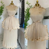 Miyake Pleated Ruffle Collar Dress with Temperament, Solid Color Sleeveless Ball, Elegant Plus Size Long Dress, 2025 Summer