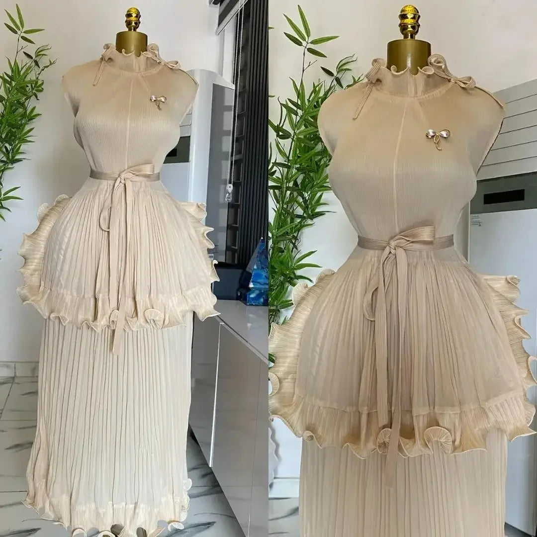Miyake Pleated Ruffle Collar Dress with Temperament, Solid Color Sleeveless Ball, Elegant Plus Size Long Dress, 2025 Summer