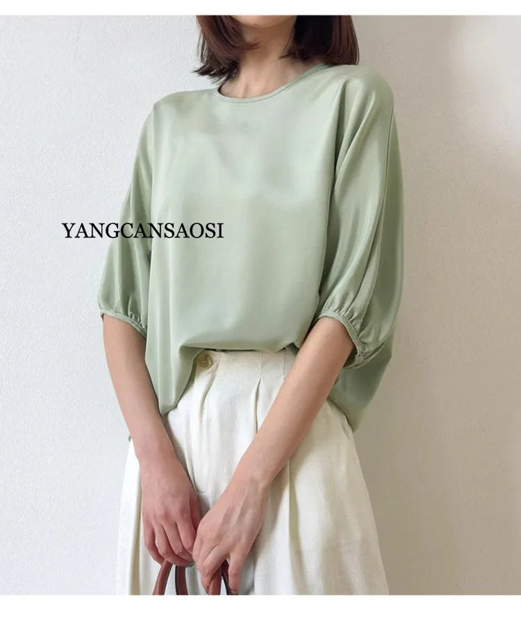 26MM Heavy Weight 93% Natural Mulberry Silk Elastic Wrinkled Round Neck Batwing Half Sleeve Women's Casual Solid Color T-shirt