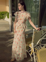 Floral Print Lace Trim Flutter Sleeve Maxi Dress Deep V-Neck High-Low Chiffon 2026 Summer Chic Romantic Women Feminine Gown