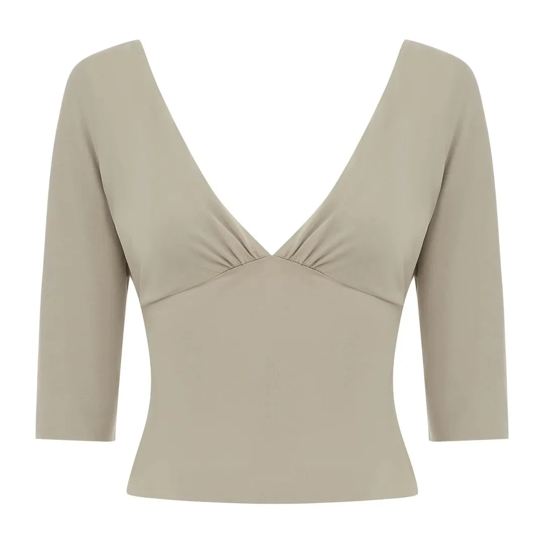 Wj Deep V-Neck Ruched Three-Quarter Sleeve Top, Short Waist-Revealing Slim-Fit Knit Base Shirt, Ruched Neckline Waist-Cinching Short Top, Versatile Solid Color Basic Top