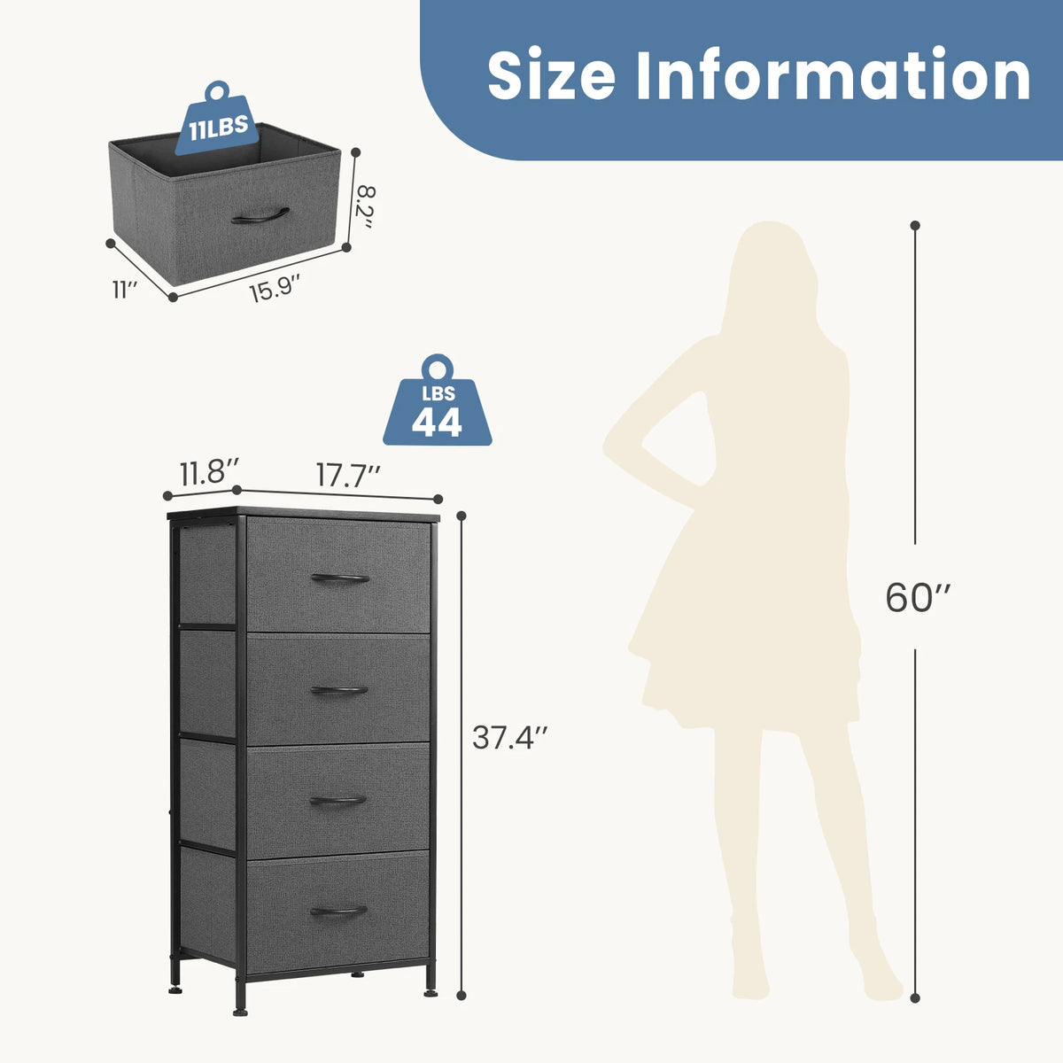JHK Dresser For Bedroom With 4 Fabric Drawers Nightstand Wardrobe Steel Frame Closet For Clothes Storage Cabinet Of Furniture