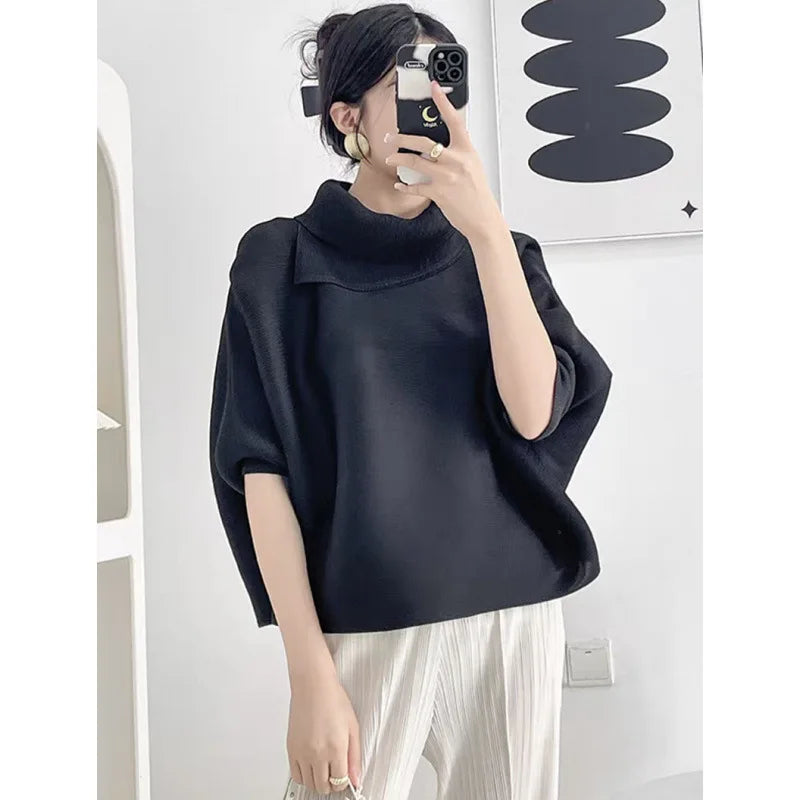 Miyake Pleated Scarf Collar Top 2026 New Simple Casual Batwing Sleeve Top T-Shirt Women's Plus Size Stretch Fashion Clothing