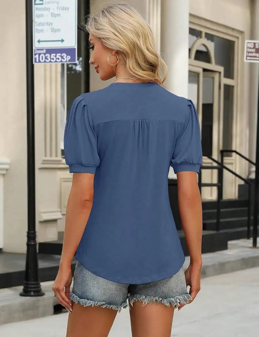 Womens Puff Sleeve V-Neck Button Front Blouse Loose Fit Casual Top