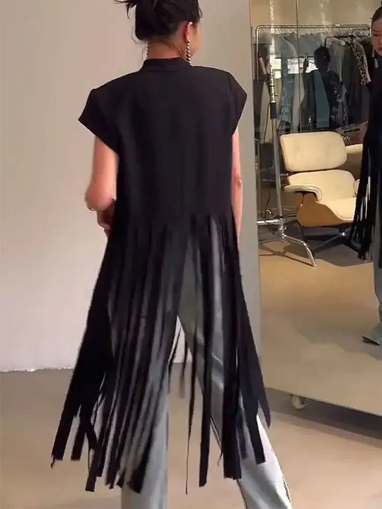 Loose Fringe Short-sleeved T-shirt Top for Women 2025 Summer New Black Long Pullover Smock Mainland China Graphic T Shirts