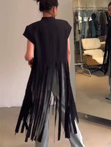 Loose Fringe Short-sleeved T-shirt Top for Women 2025 Summer New Black Long Pullover Smock Mainland China Graphic T Shirts