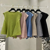 Pleated T-Shirt Summer New Simple Fashion Irregular Sleeveless Loose Casual Round Neck Women's Lightweight Stretch Top