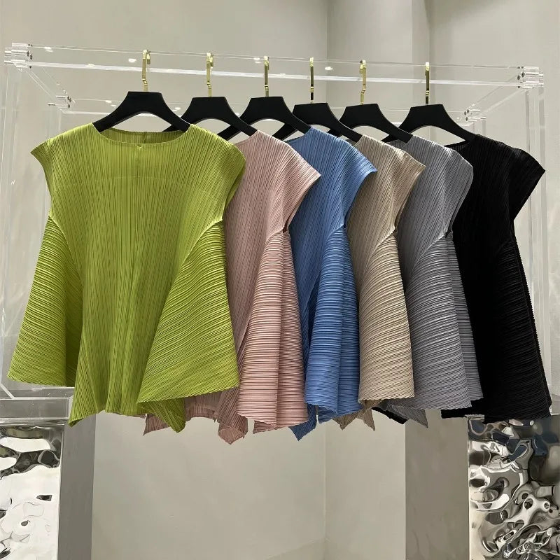 Pleated T-Shirt Summer New Simple Fashion Irregular Sleeveless Loose Casual Round Neck Women's Lightweight Stretch Top