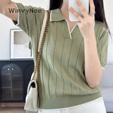 WinvyNee Summer Women's Cotton Polo Collar Short Sleeve T-Shirt Casual Cotton Tops Women Clothing Knitted Pullover A1092079A