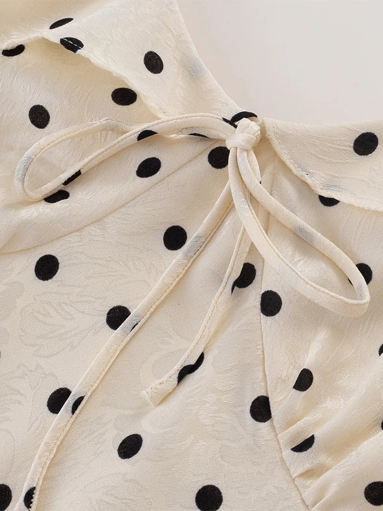 Chu Sau beauty Women New Fashion Sweet Polka Dot Print Chic Ruffles Midi Dress French V-Neck Puff Sleeve Vintage Party Dresses