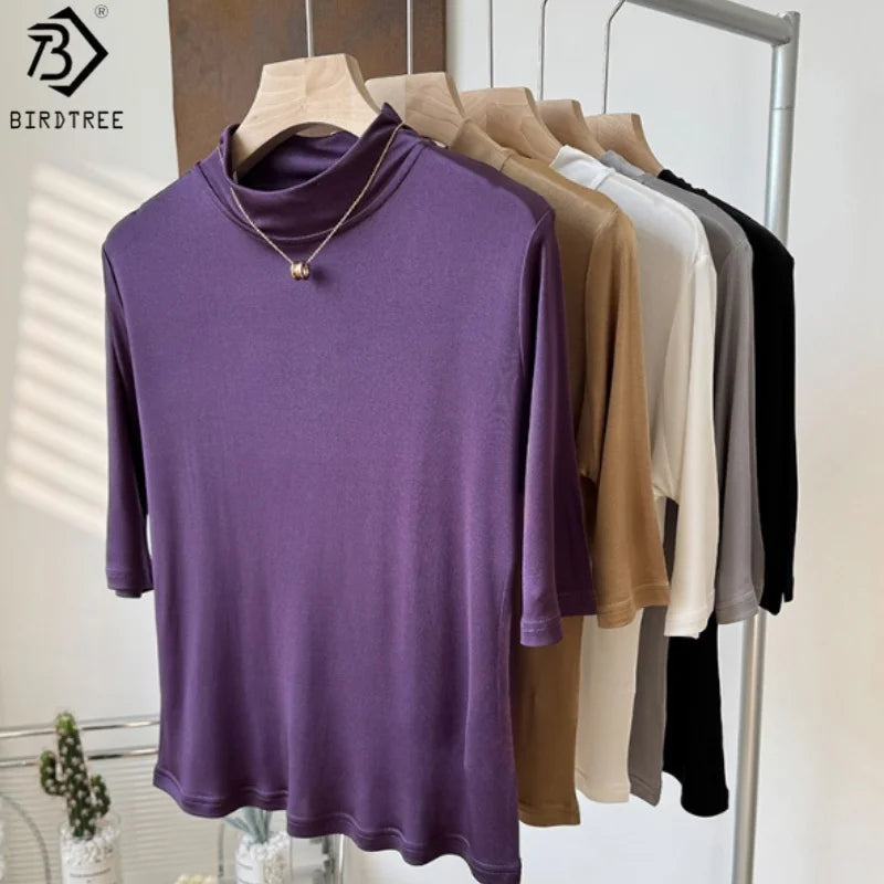 Birdtree 23% Silk T-shirt,Women Half Height O-neck Half Sleeves Solid Color Shirt,2026 Summer Autumn New T57024JF