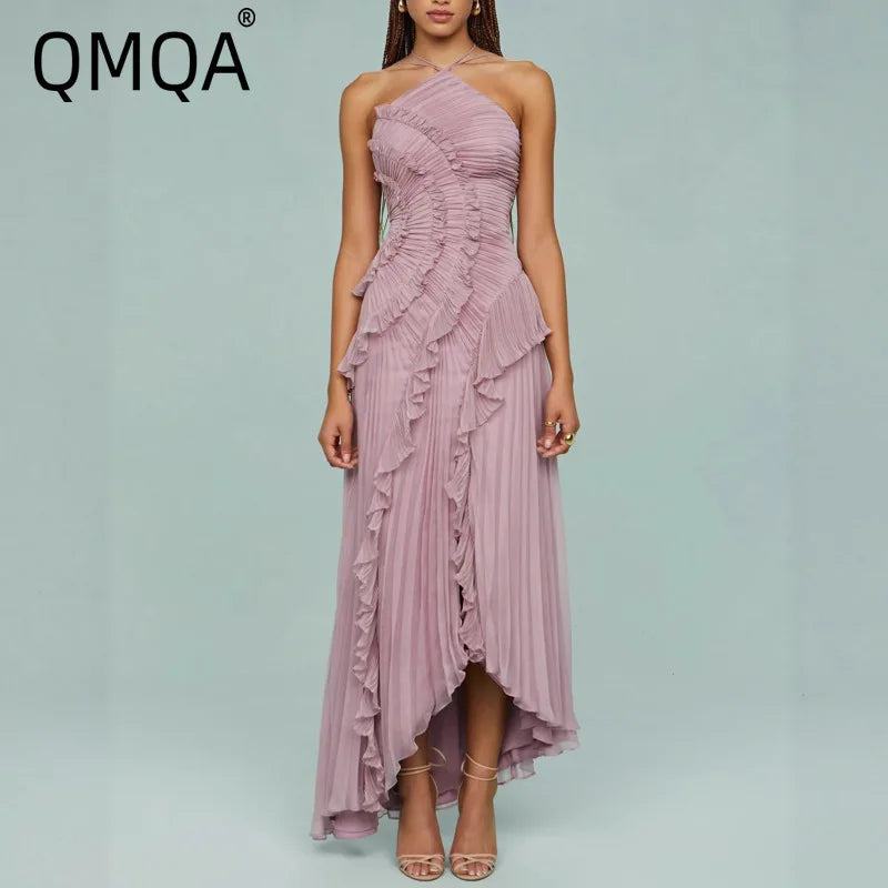 QMQA Fashion Women's Ruched Halter Strapless Backless Dresses Folds Irregular Spliced Ruffles Solid Elegant Dress 2026 New M1032
