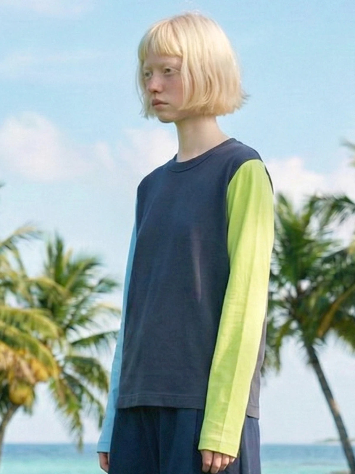 Trendy Color Block Raglan Sleeve T-Shirt Women Navy Blue Neon Green Casual Long Sleeve Crew Neck Top 265405