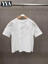 New 2026 Summer Women Casual T Shirts Short Sleeve Spliced Lace Embroidery Solid Color Ladies Fashion O Neck Pullover Tees Tops