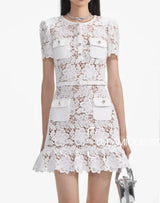 Blue Lace Dress Women Summer with Belt Short Sleeve Streetwear Clothing Lady Hollow Out Runway Design Vestidos Bodycon