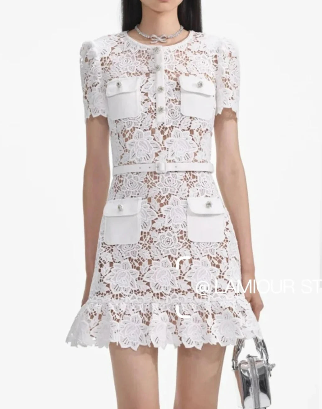 Blue Lace Dress Women Summer with Belt Short Sleeve Streetwear Clothing Lady Hollow Out Runway Design Vestidos Bodycon