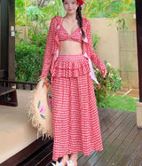 Large Size Summer New Long Skirt Four-piece Seaside Vacation Bikini Split Swimsuit Women Sexy Fashion Red Plaid Swimwear Sets