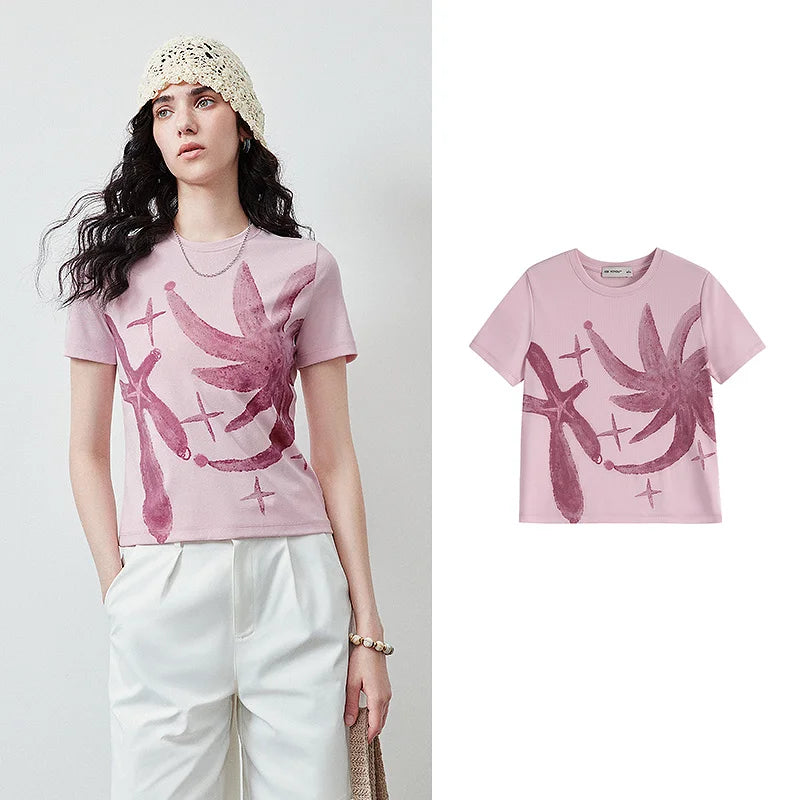 TOYOUTH women's Lyocell Cool Touch T-shirt 2026 Spring New Art Collaboration Slim Fit Short Sleeve Tops