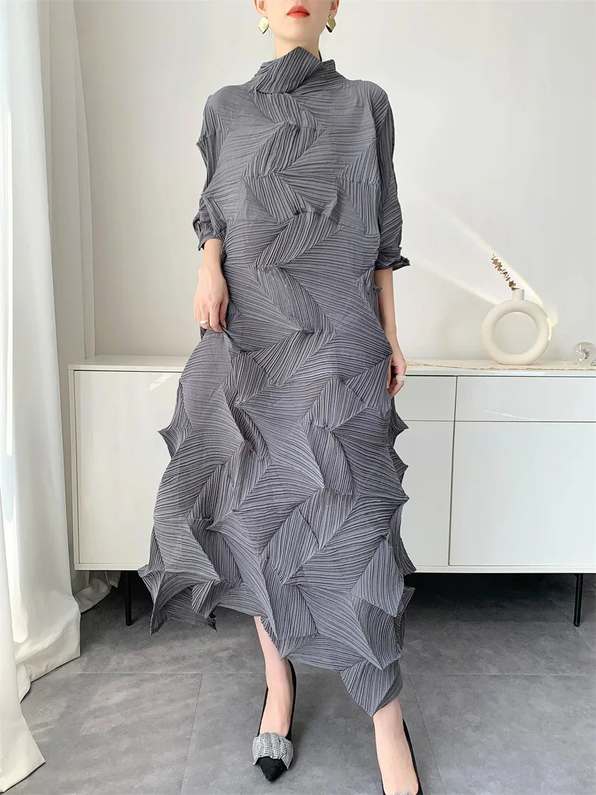 LANMREM Pleated Long Dress For Women Elastic Loose Irregular Pleated Stand Collar Pullover Famale Clothing Half Sleeve 2DB4256