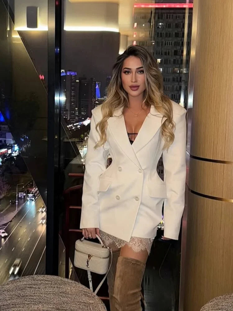 2025 New Waist Cinching Mini Dress Women Fashion Full Sleeve Deep V-neck Double Breasted Short Dresses Lady Party Street Gown