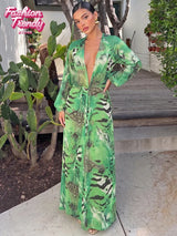 Women Vintage Green Print Dress Loose V-neck Waist-cinching Long Sleeve Print Maxi Dresses Tropicsal Summer Outing Gown 2026 New