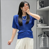 Pleated Top 2026 New Round Neck Short Sleeve Batwing T-Shirt Women Summer Lightweight Vacation Travel Women's Clothing