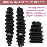 Deep Wave Feather Crochet Human Hair Extensions Knotless Miracle Knots Hair Pre-Separated Pre-Fluffed Deep Curly Human Crochet Hair With String Pre-Looped Reusable Lightweight 60G/pack