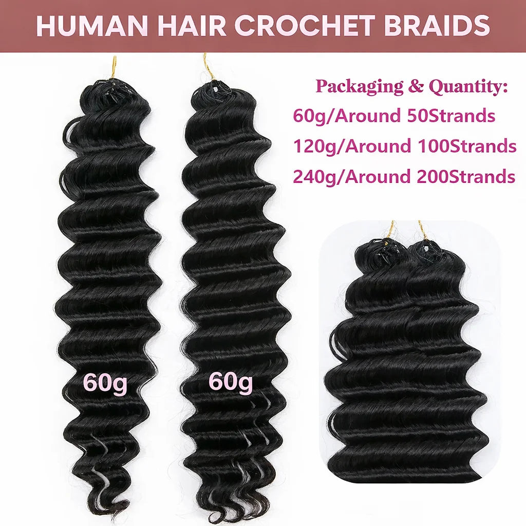 Deep Wave Feather Crochet Human Hair Extensions Knotless Miracle Knots Hair Pre-Separated Pre-Fluffed Deep Curly Human Crochet Hair With String Pre-Looped Reusable Lightweight 60G/pack