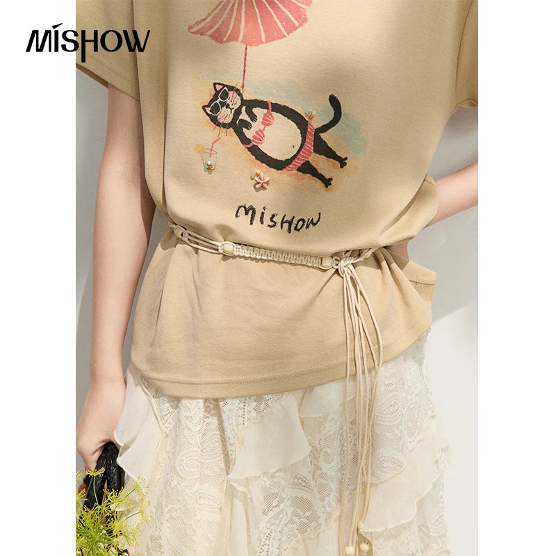 MISHOW Women Round Neck T-shirt 2026 Summer New Cute Cat Print with Waist Tie Detail Khaki Casual Short Sleeve Top MXF24T1600