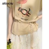 MISHOW Women Round Neck T-shirt 2026 Summer New Cute Cat Print with Waist Tie Detail Khaki Casual Short Sleeve Top MXF24T1600