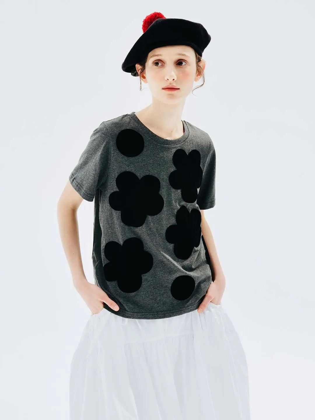 IMAKOKONI original design black flower polka dot printed T-shirt grey round neck puller short sleeve summer top