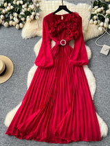 2026 Spring Autumn Fashion Elegant Dress for Women New French Mushroom Edge Crimping Loose Chiffon Long Sleeve Long Dress C141