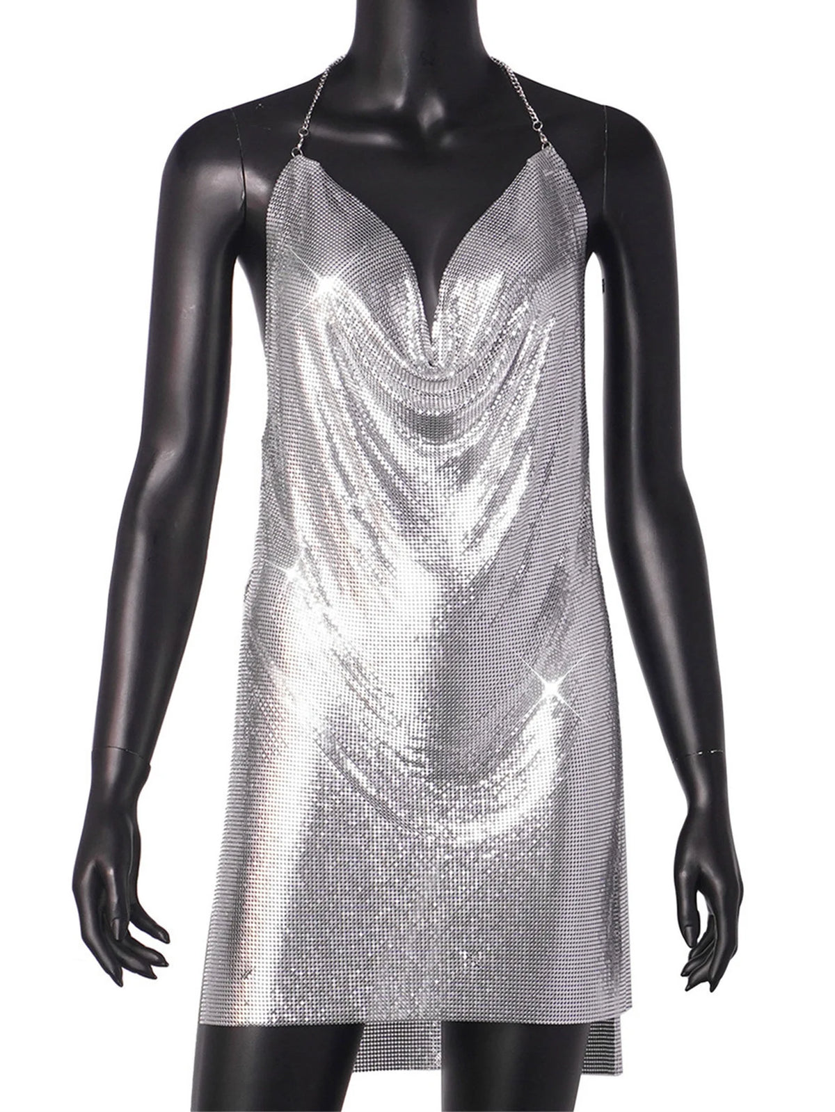 Sexy See Through Metal Sequin Evening Dress Women Summer Backless Black Beach Club Mini Dress Birthday Party Dresses Vestidos HL