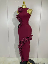 Women 3D Flowers Sexy Sleeveless Wine Red Long Bodycon Bandage Dress Knitted Celebrity Elegant Evening Luxury Club Party Dresses