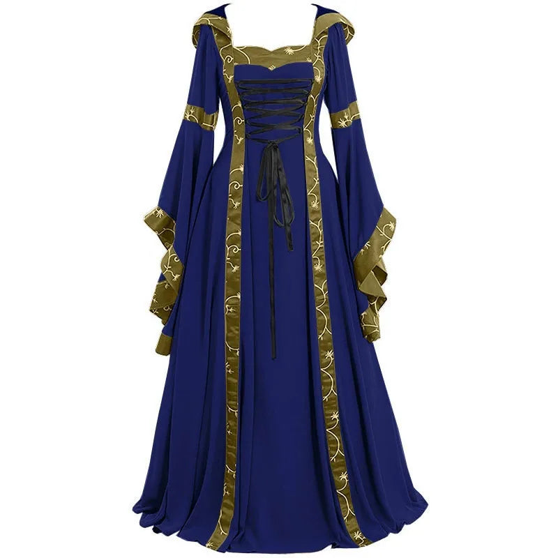 Vintage Medieval Maxi Dress for Women Gothic Bandage Flare Sleeve Floor Length Dress Lady Elegant High Waist Square Neck Dresses