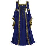 Vintage Medieval Maxi Dress for Women Gothic Bandage Flare Sleeve Floor Length Dress Lady Elegant High Waist Square Neck Dresses