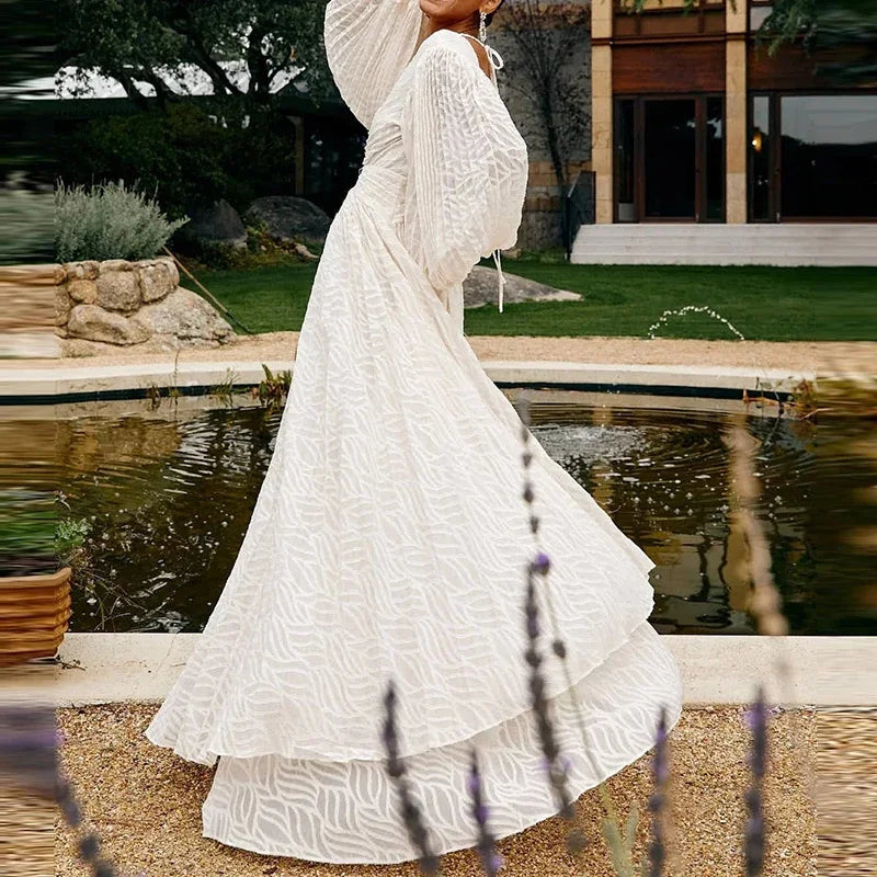 Elegant V-neck Jacquard Swing Long Dress Women Casual Lantern Sleeve Loose Party Dress Fashion Hight Waist Pleated Evening Dress
