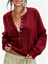 Women's Long-Sleeve Knitted Sweater, Half-Button Design, Henley Collar, Casual Style, lightweight Material, Solid Color Pullover Knitwear.