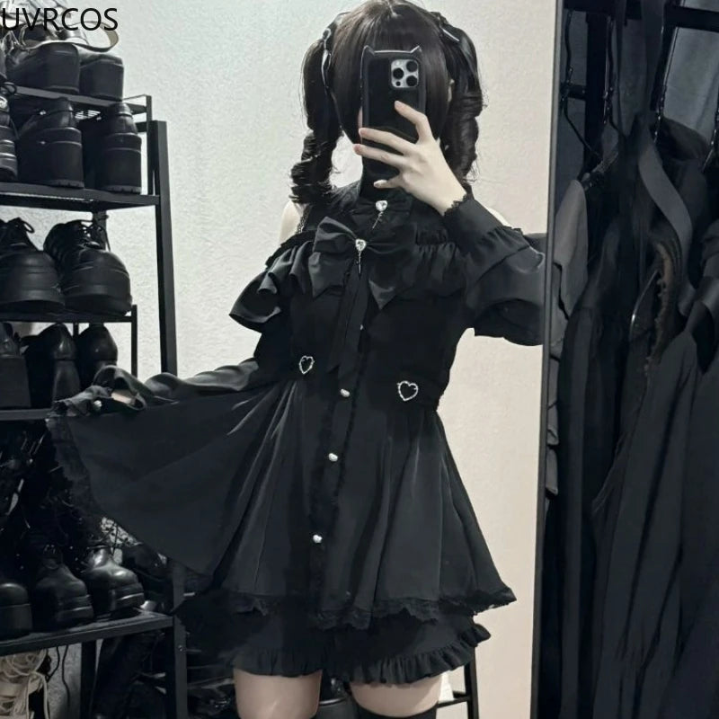 Japanese Gothic Y2k Lolita Style Bow Dress Shorts Set Women Lace Ruffles Off Shoulder Button Shirts Dress Sweet Slim Party Dress