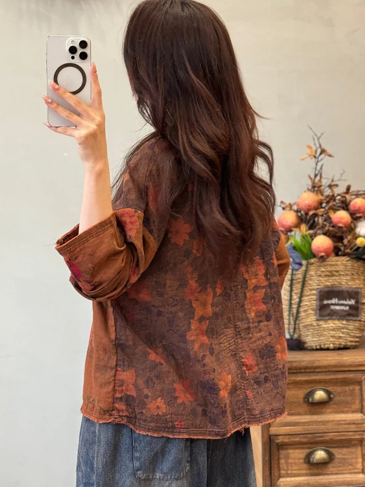 Amax LuluE Chinese Womens Spring Fashion Floral Vintage T-shirts Ladies Loose Casual O Neck Clothes Classic Printed Cotton Tops