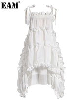[EAM] Women Irregular Ruffles Spaghetti Strap Dress New Round Neck Long Sleeve Loose Fit Fashion Tide Spring Autumn 2026 1W571